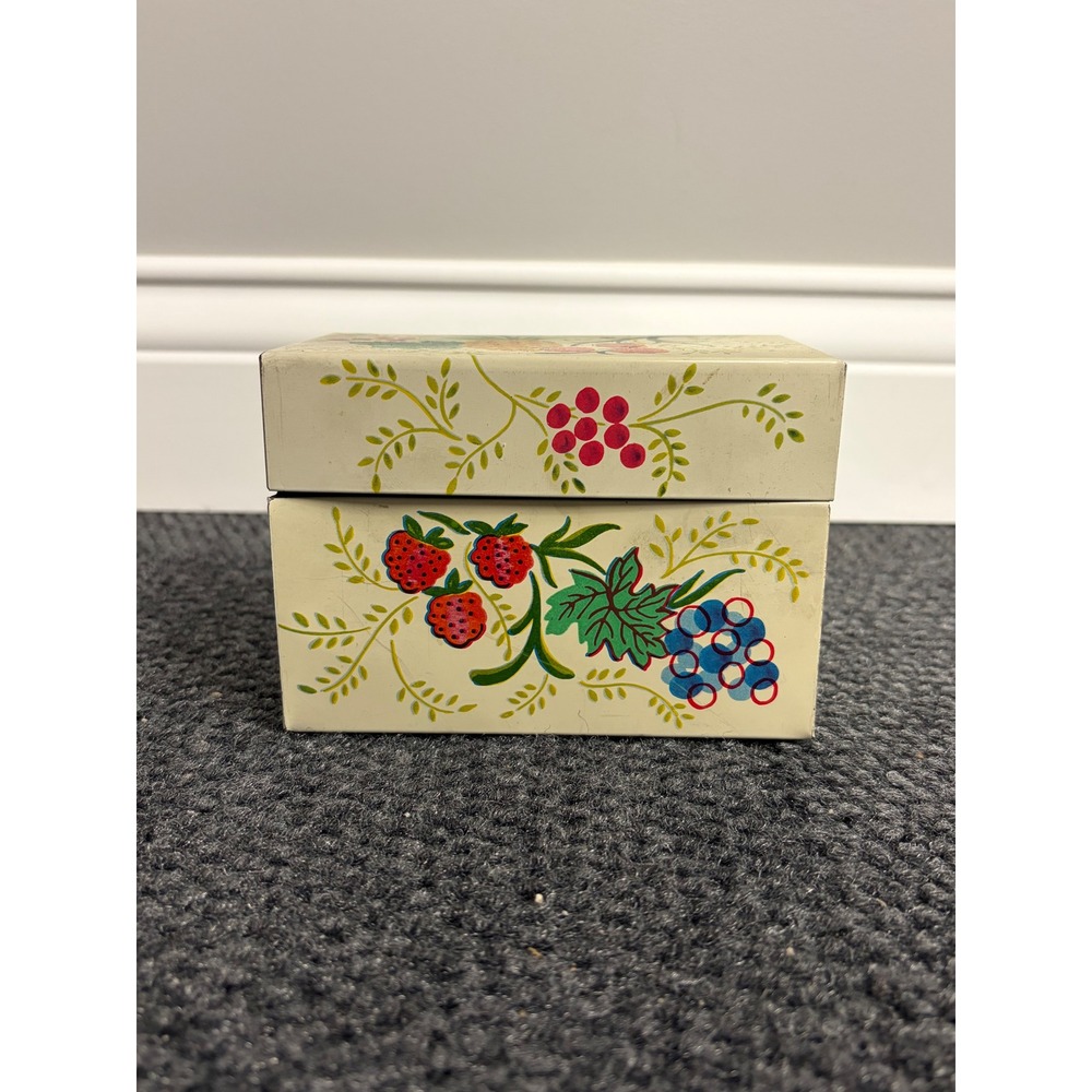 Vintage J Chein Co Metal Tin Fruit Pineapple Floral Hinged Recipe Trinket Box